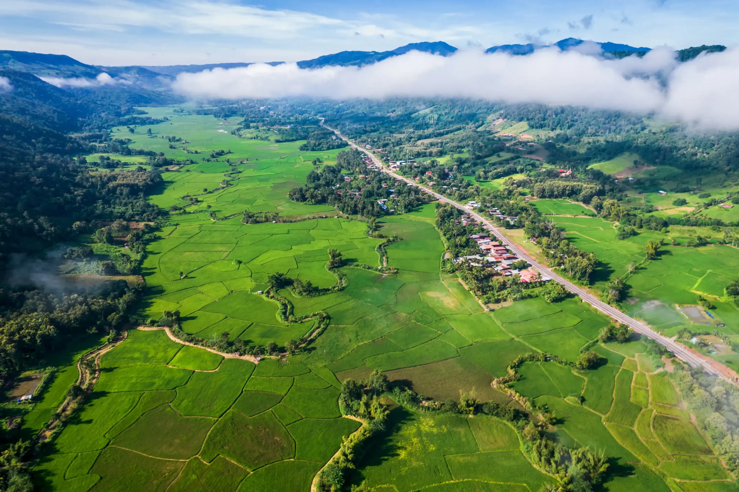 aerial view landscape farm land fild rural village mountains asia with mist fog morning time Horizontal scaled